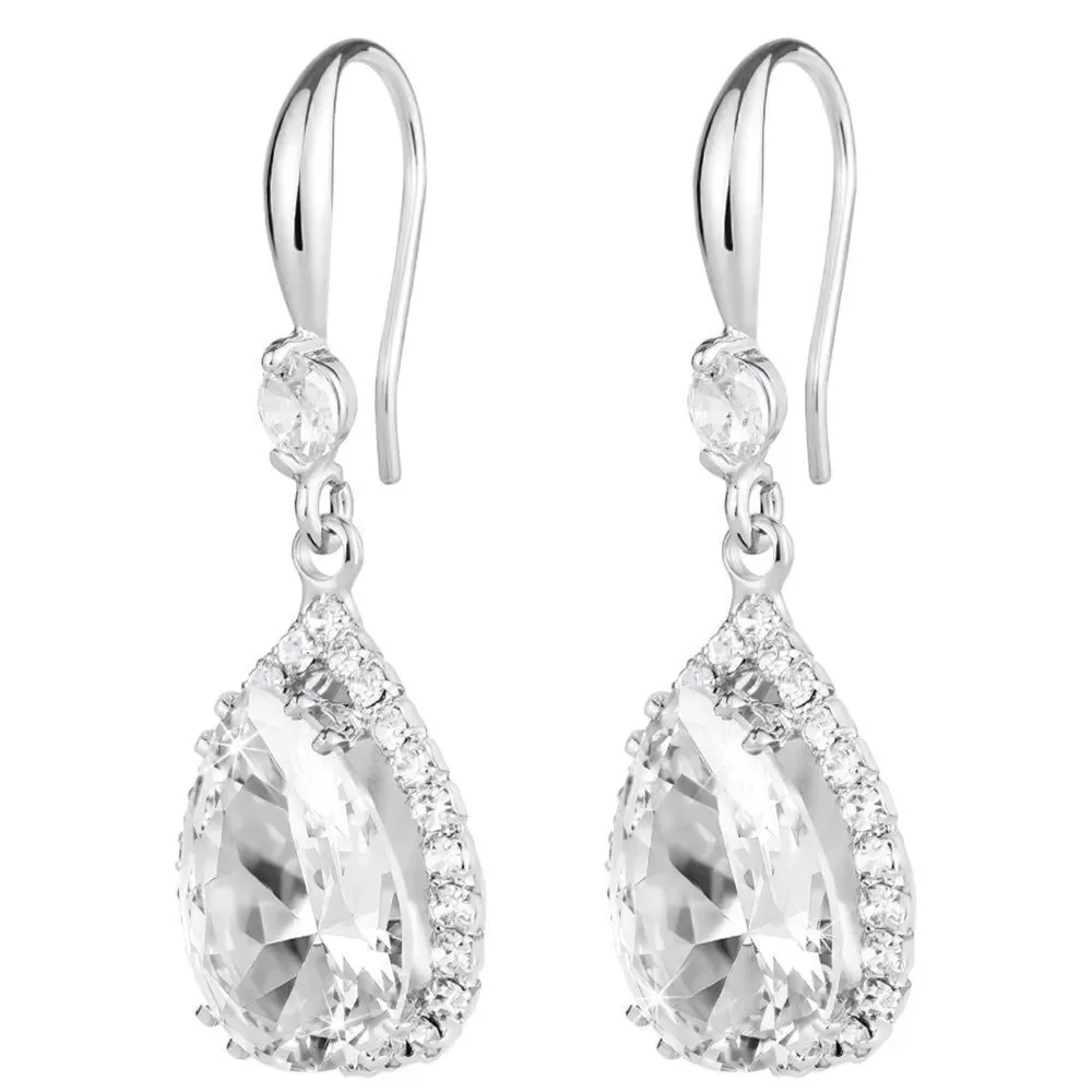14K White Gold with White Diamond Cubic Zirconia Teardrop Hook Dangle Earrings